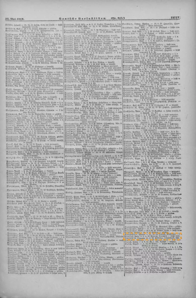 Lista rannych, zaginionych i martwych żołnierzy wojsk pruskich w I wojnie światowej. Preußische Verlustliste Nr. 845 publikacja 30 maj 1917. FRANZ BURSIG